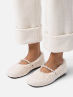 Women's Faux Fur Pearl Strap Ballet Flats