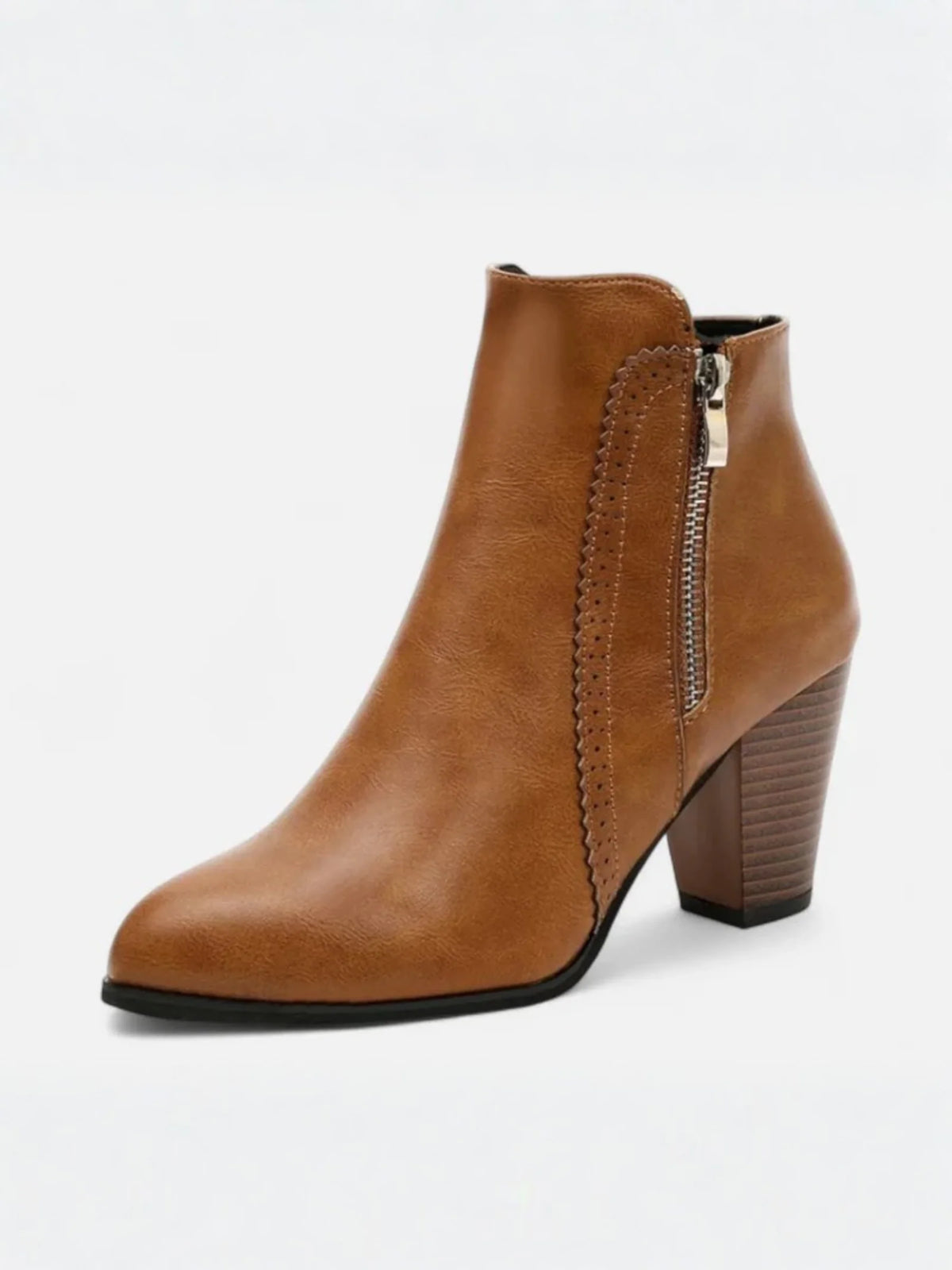 Women's Leather Pointed Toe Block Heel Side Zip Ankle Boots