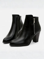 Women's Leather Pointed Toe Block Heel Side Zip Ankle Boots
