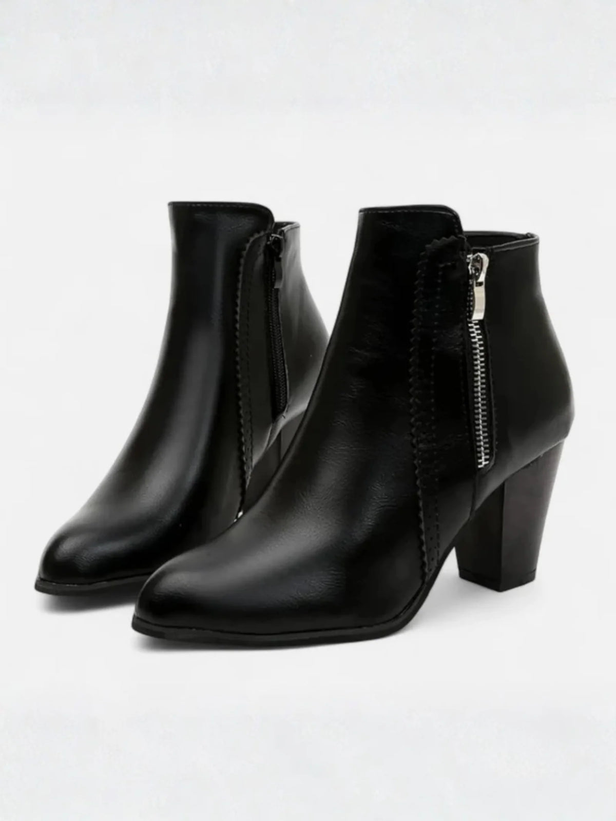 Women's Leather Pointed Toe Block Heel Side Zip Ankle Boots