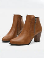 Women's Leather Pointed Toe Block Heel Side Zip Ankle Boots