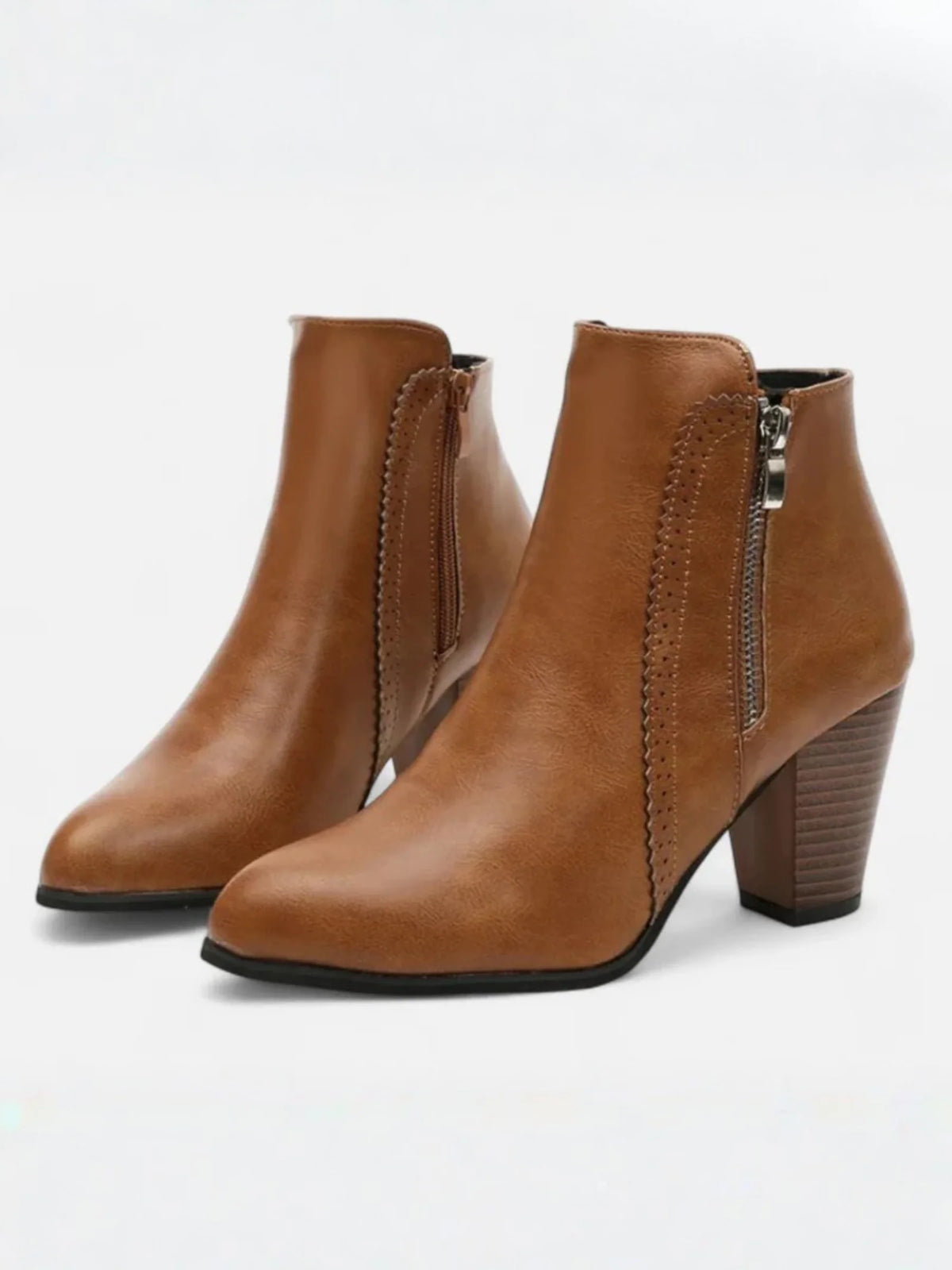 Women's Leather Pointed Toe Block Heel Side Zip Ankle Boots