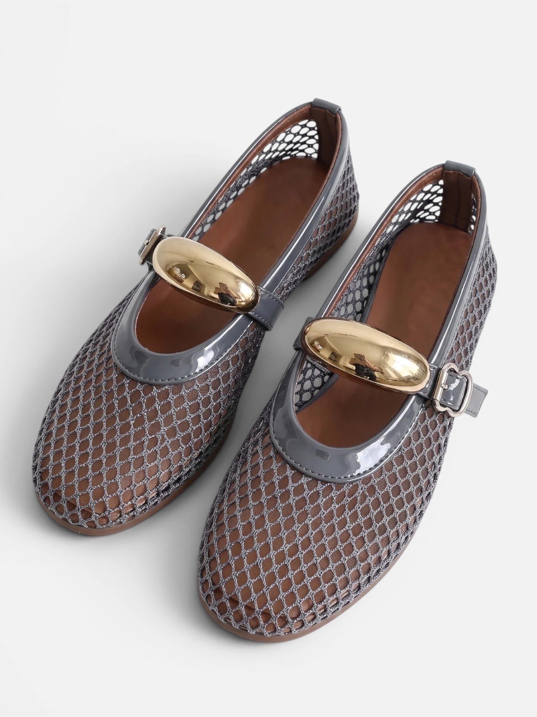 Women's Mesh Gold Buckle Mary Jane Flats