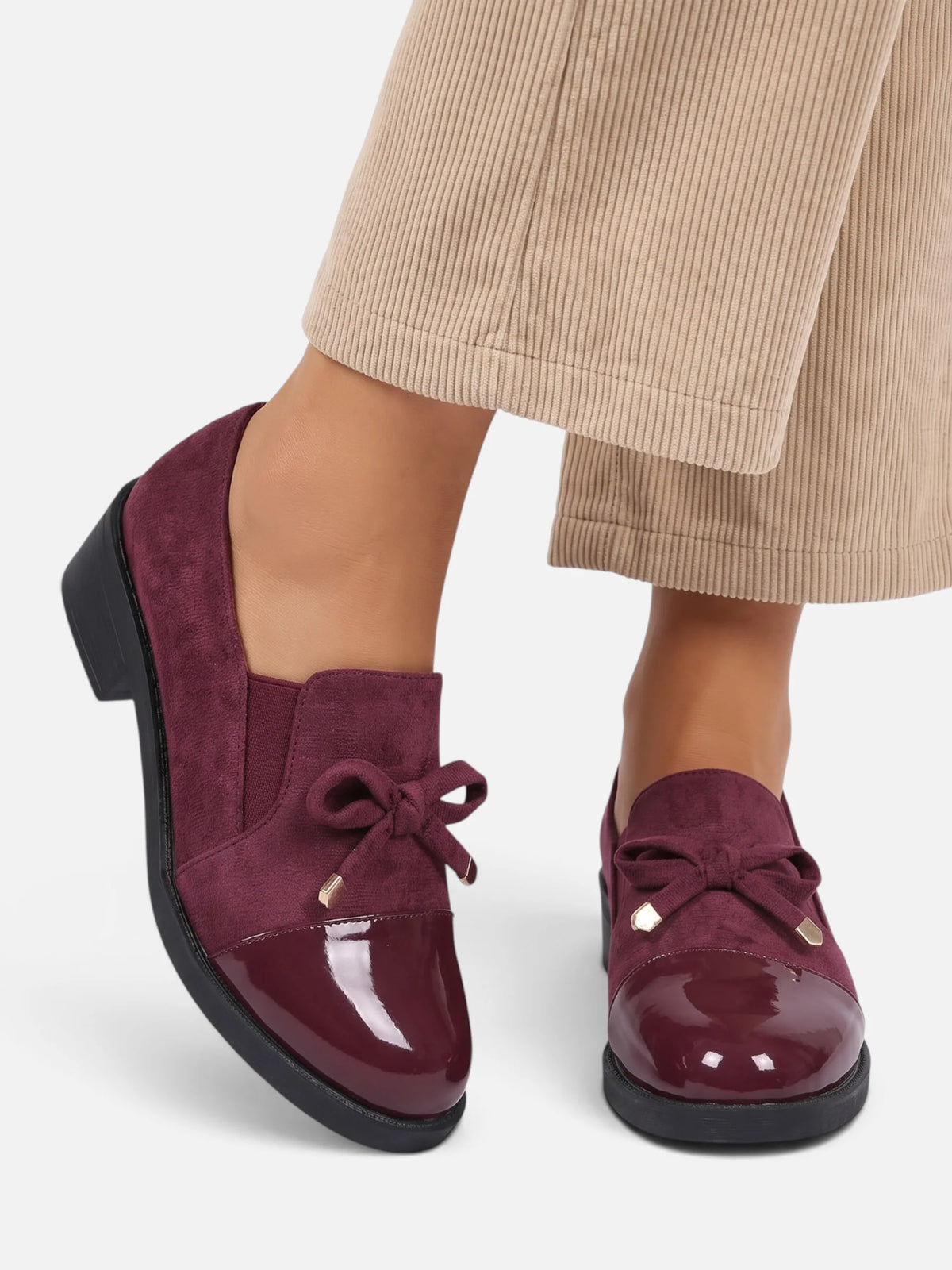 Women's Suede Look Patent Toe Bow Loafers