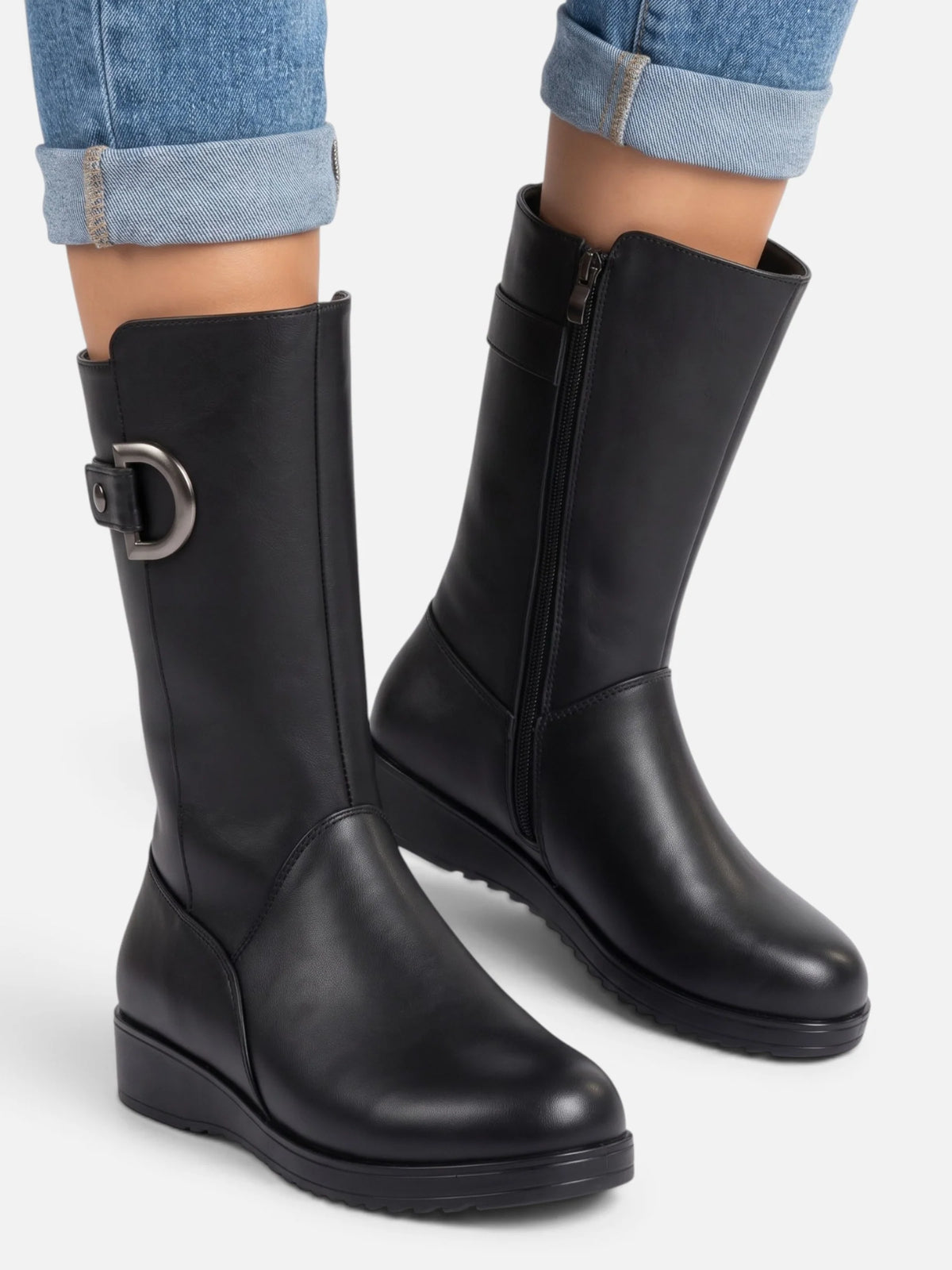 Women's Faux Fur Lined Buckle Wedge Boots