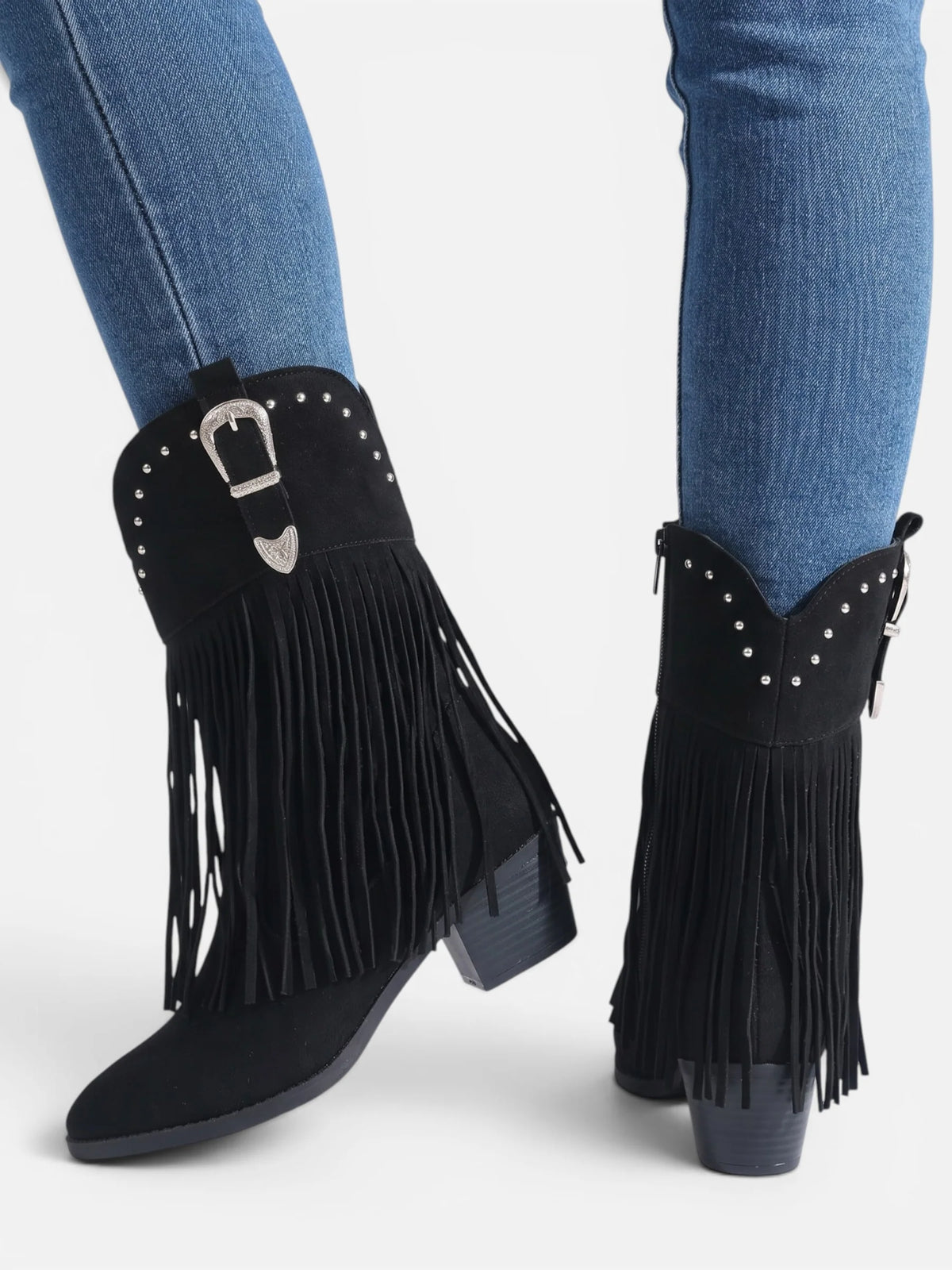 Women's Suede Look Fringe Studded Cowboy Boots