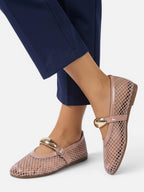 Women's Mesh Gold Buckle Mary Jane Flats