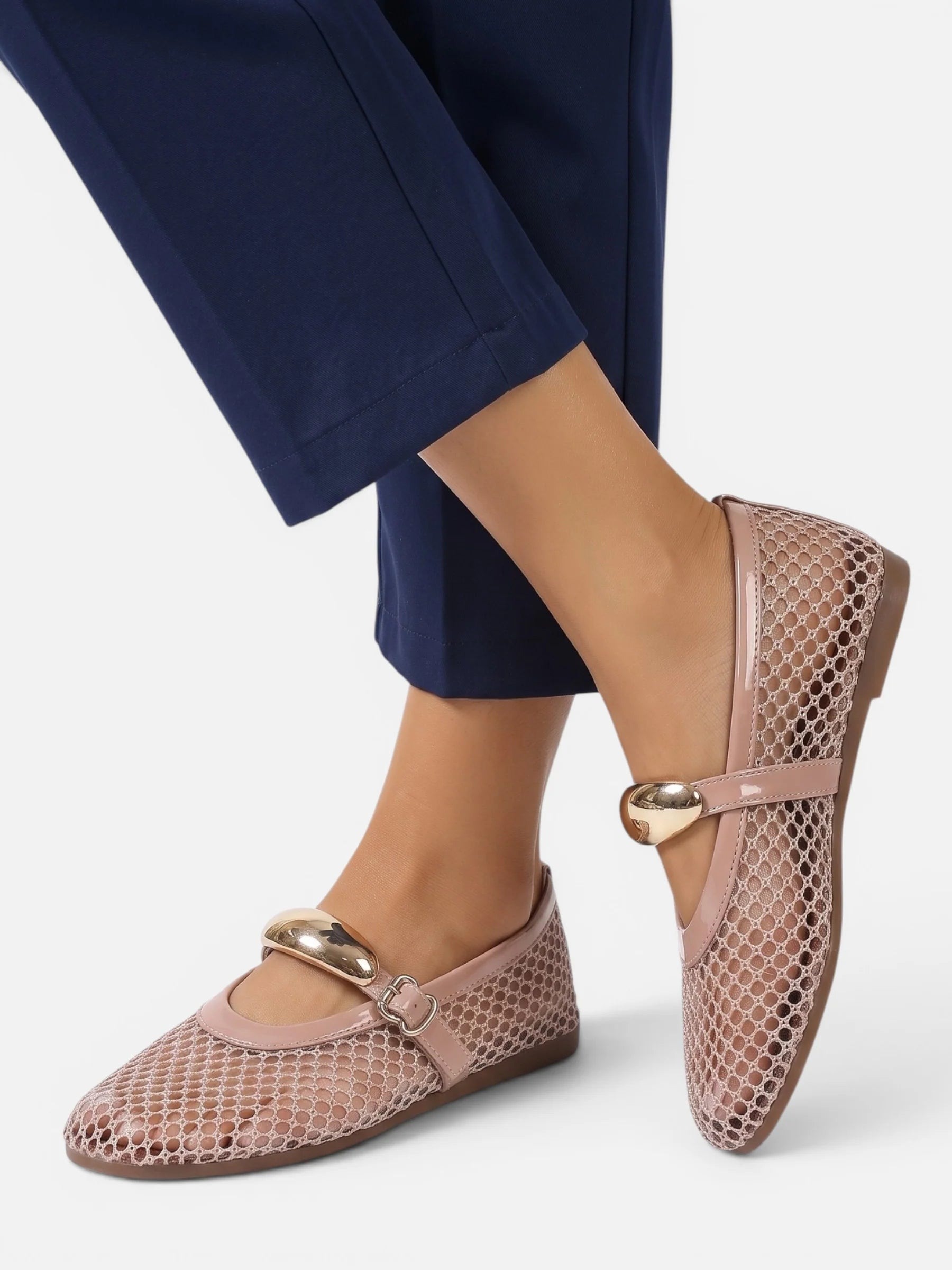 Women's Mesh Gold Buckle Mary Jane Flats