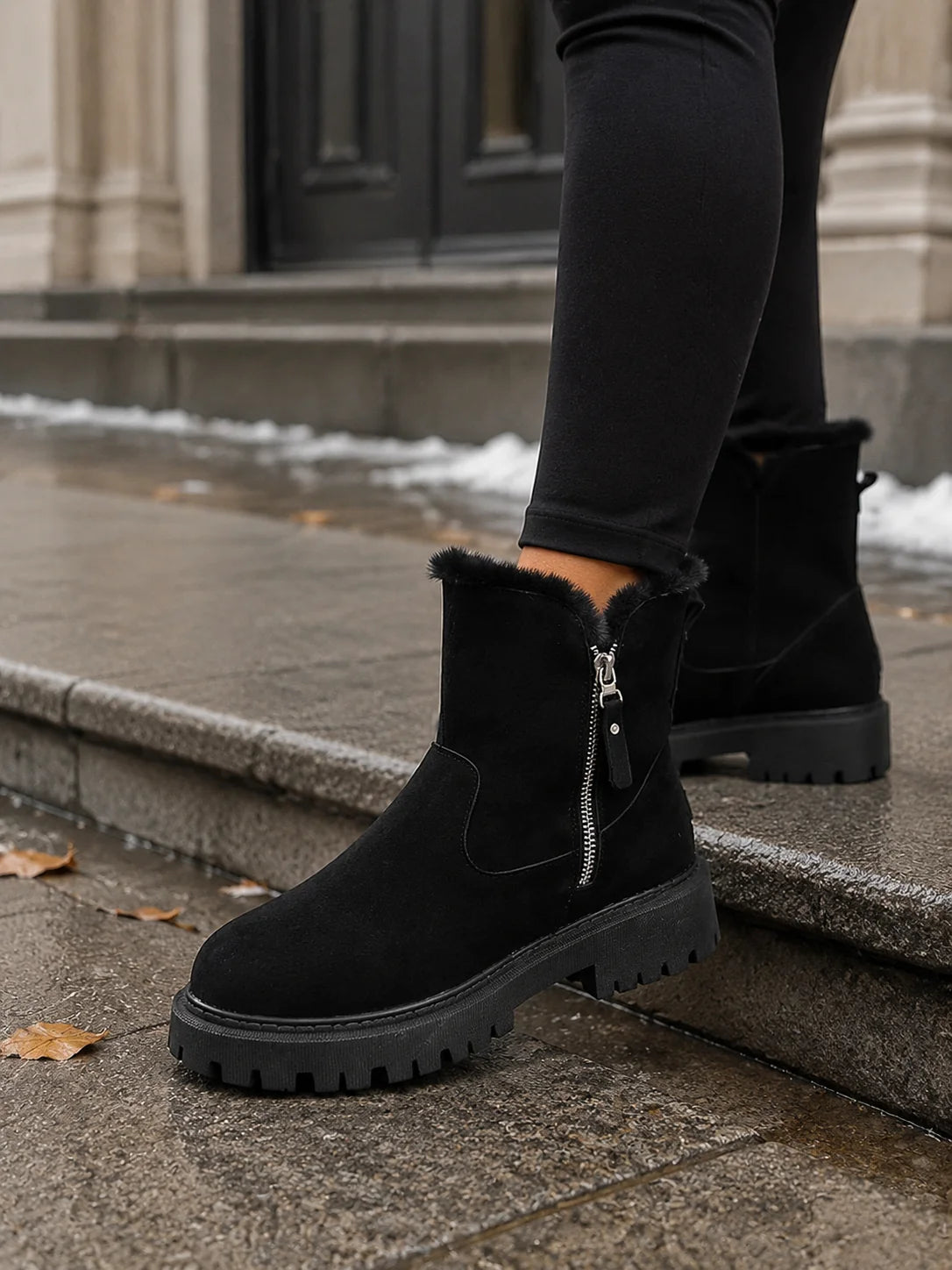 Women's Suede Fur Lined Chunky Sole Ankle Boots