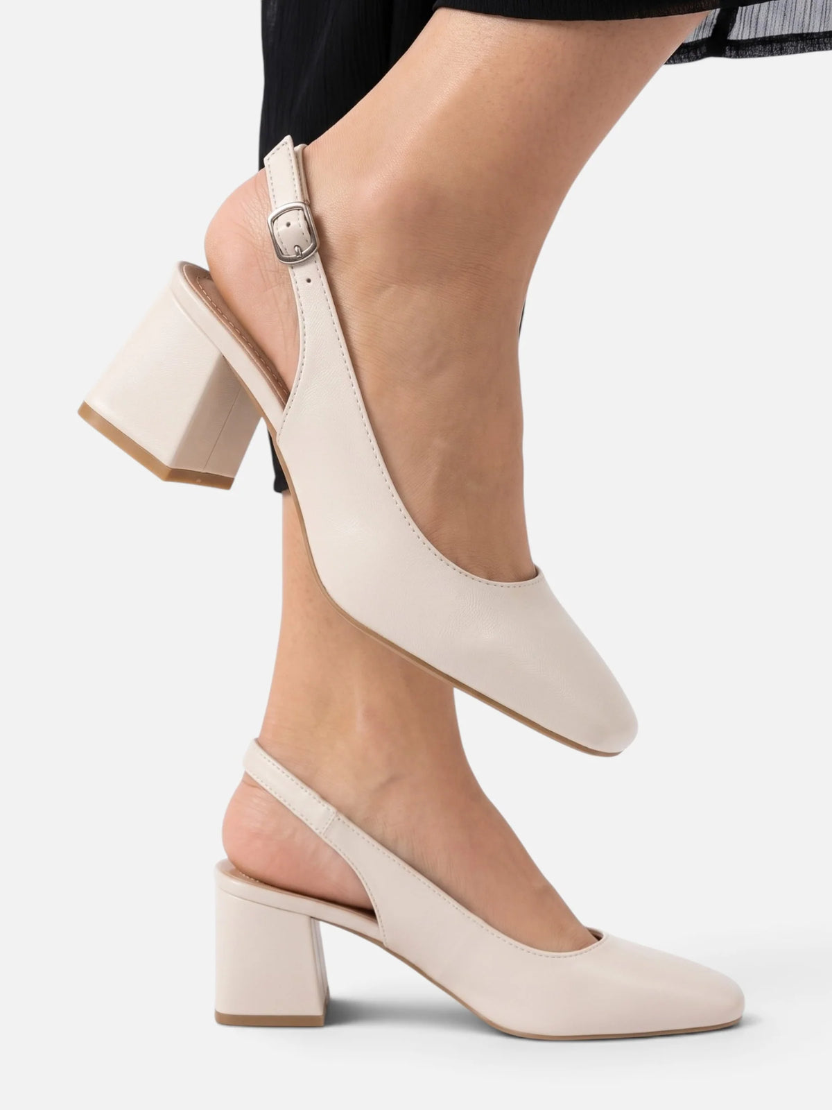 Women's Leather Square Toe Slingback Block Heel Pumps