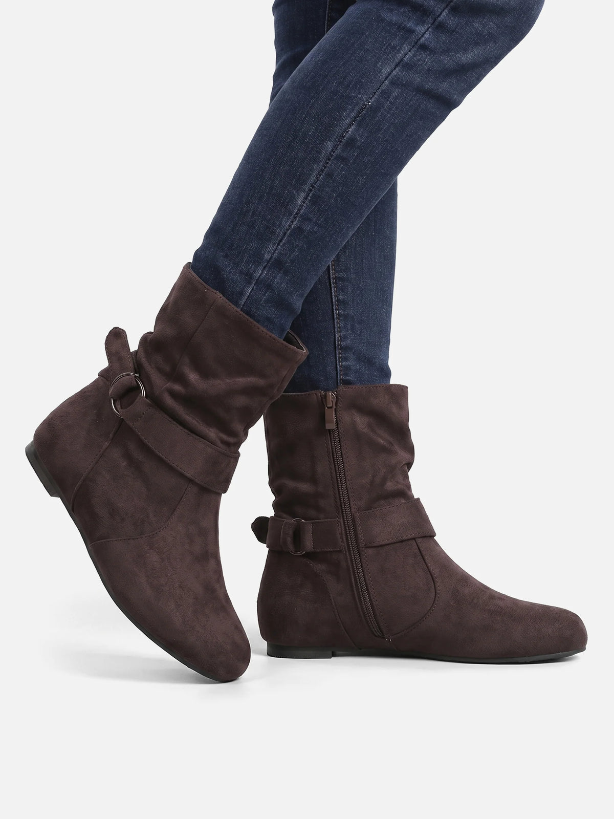 Women's Suede Look Slouchy Buckle Ankle Boots