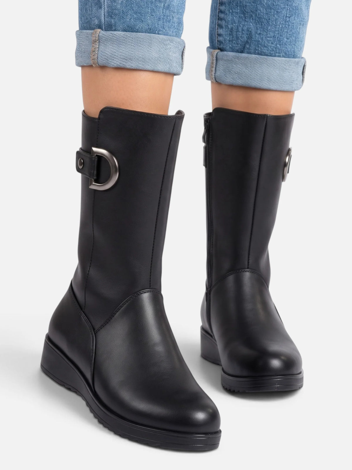 Women's Faux Fur Lined Buckle Wedge Boots