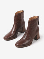 Women's Leather Square Toe Block Heel Ankle Boots
