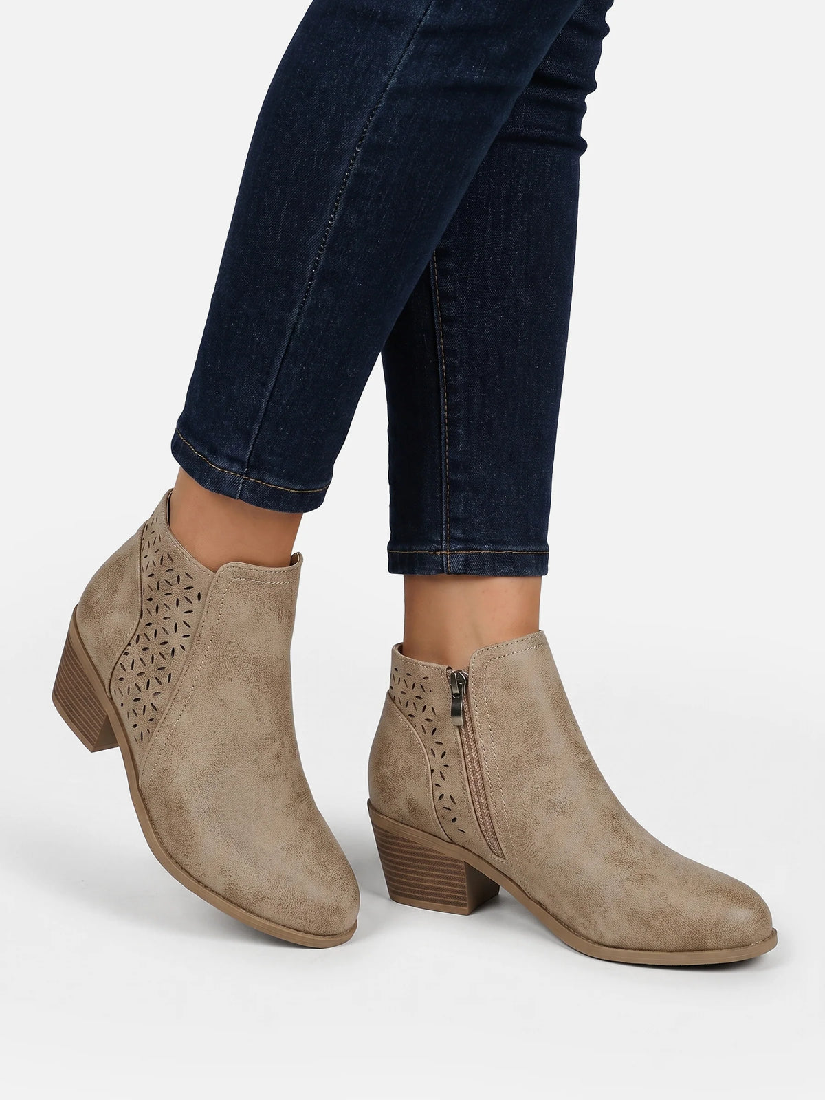 Women's Leather Perforated Block Heel Ankle Boots