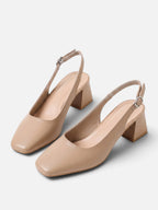 Women's Leather Square Toe Slingback Block Heel Pumps
