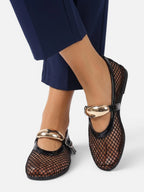Women's Mesh Gold Buckle Mary Jane Flats