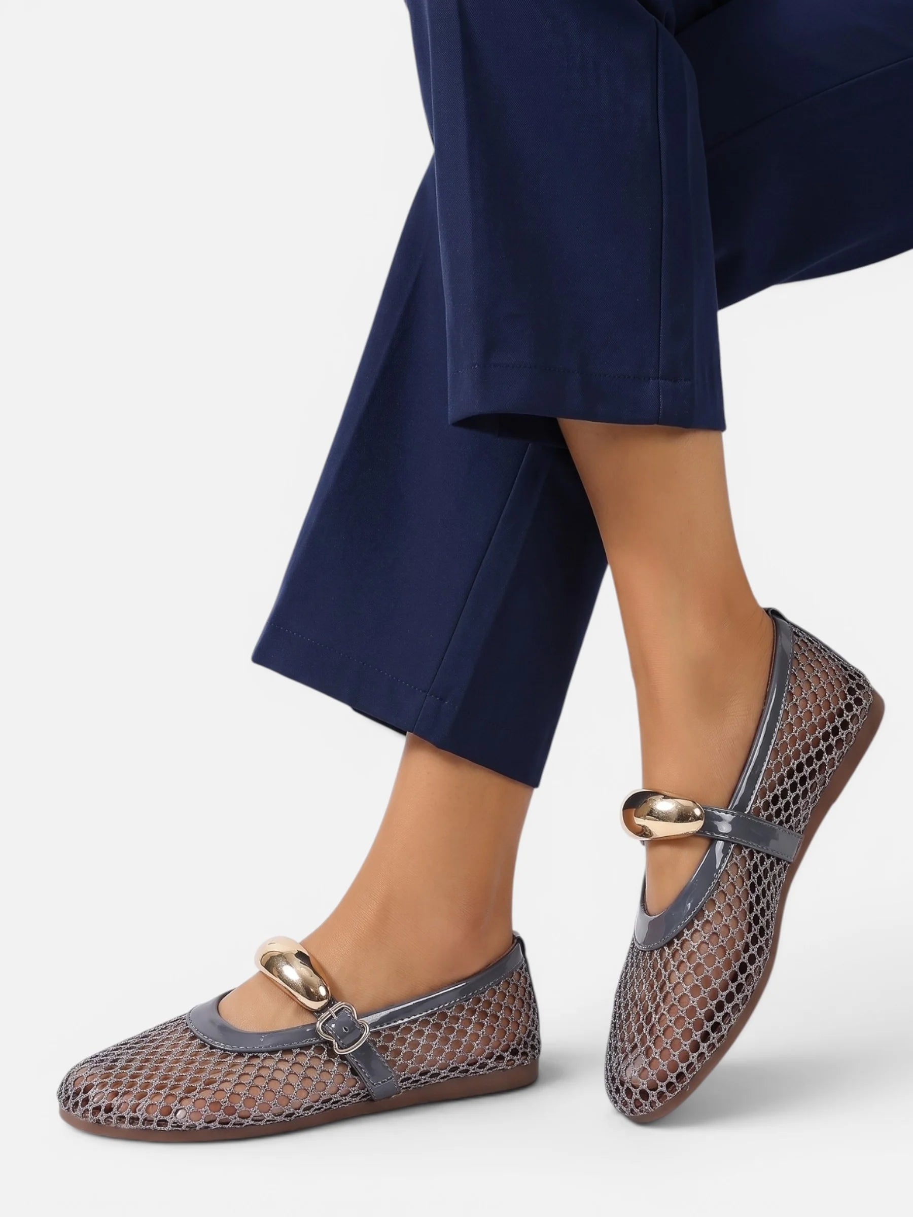 Women's Mesh Gold Buckle Mary Jane Flats