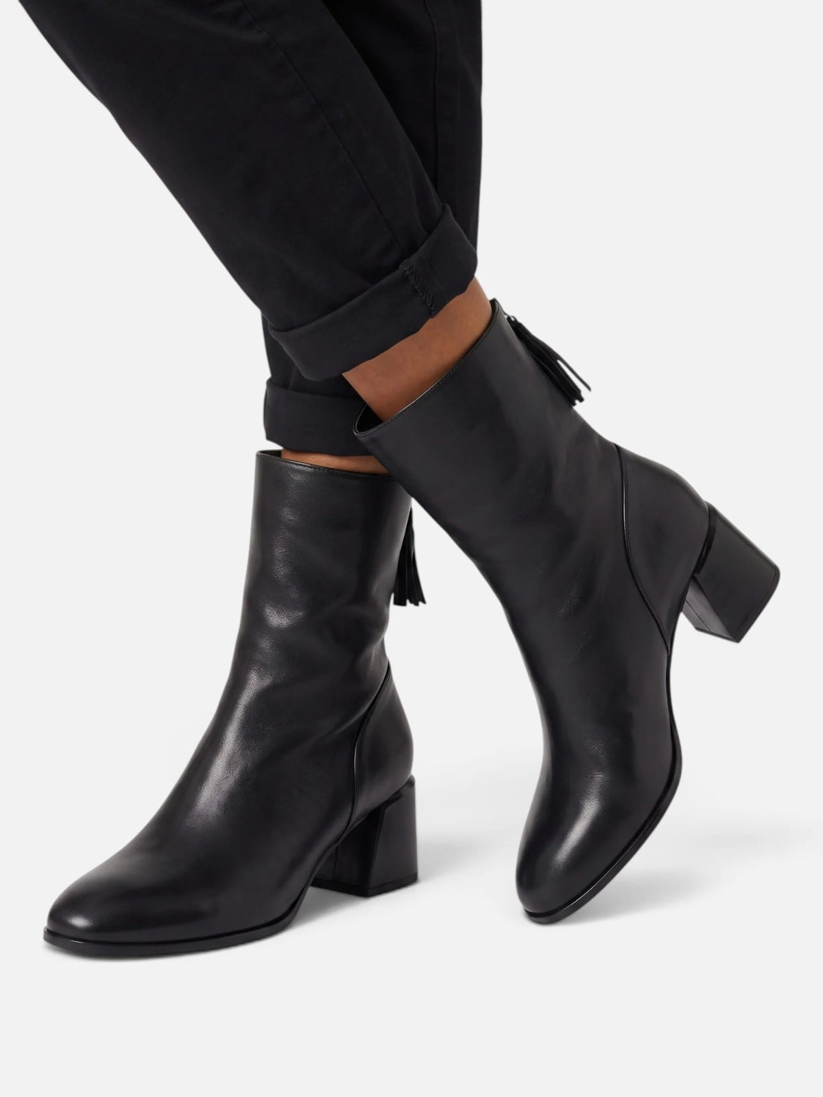 Women's Leather Block Heel Tassel Ankle Boots