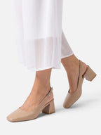 Women's Leather Square Toe Slingback Block Heel Pumps
