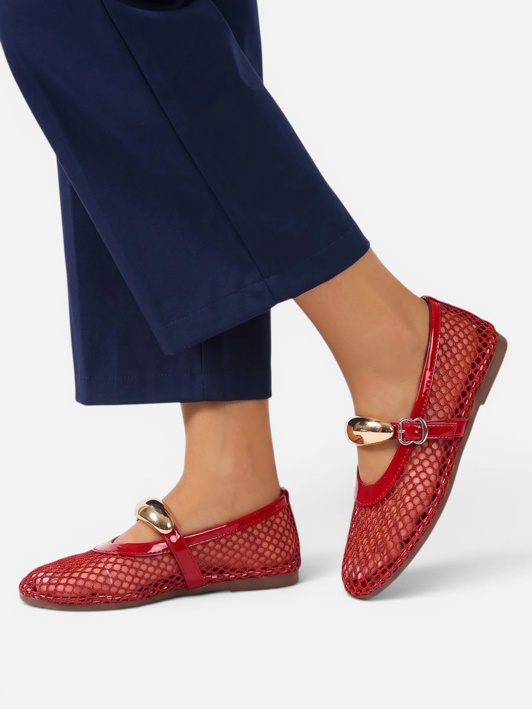 Women's Mesh Gold Buckle Mary Jane Flats