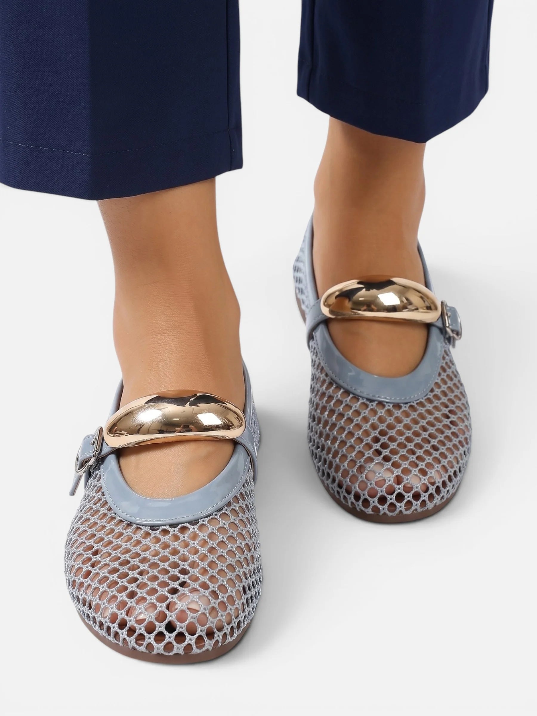 Women's Mesh Gold Buckle Mary Jane Flats