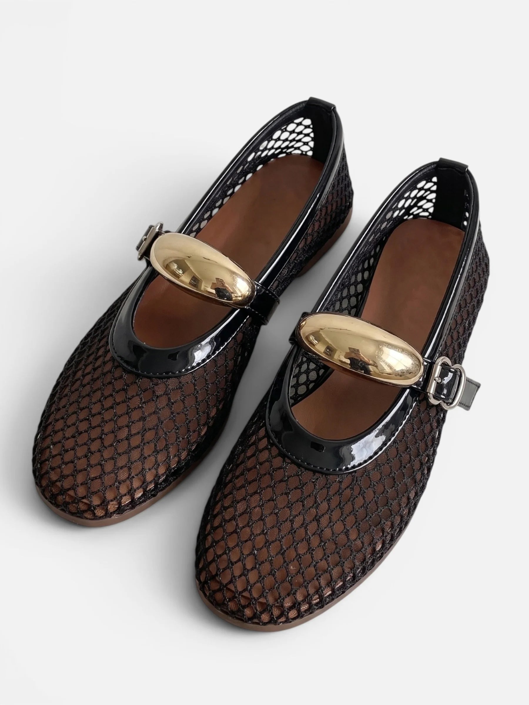Women's Mesh Gold Buckle Mary Jane Flats