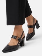Women's Leather Slingback Buckle Block Heel Pumps