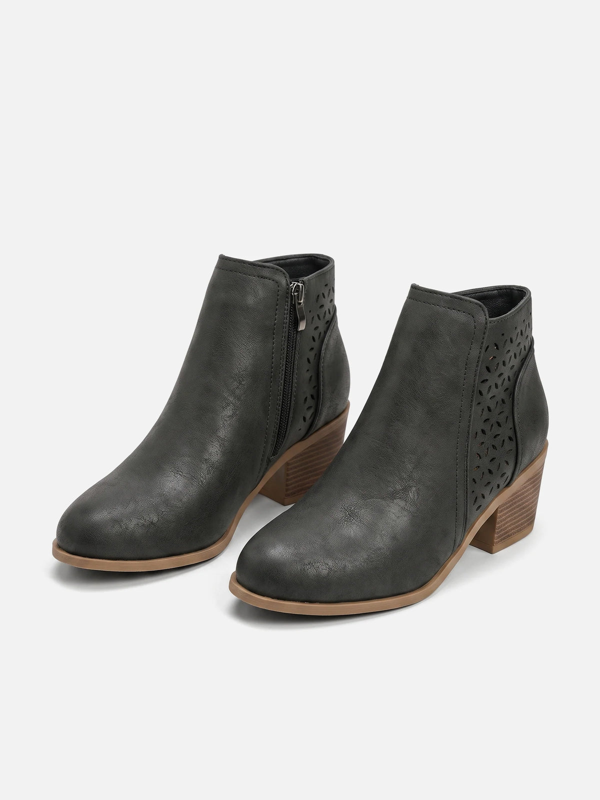 Women's Leather Perforated Block Heel Ankle Boots