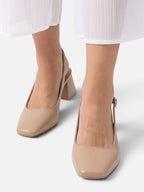 Women's Leather Square Toe Slingback Block Heel Pumps