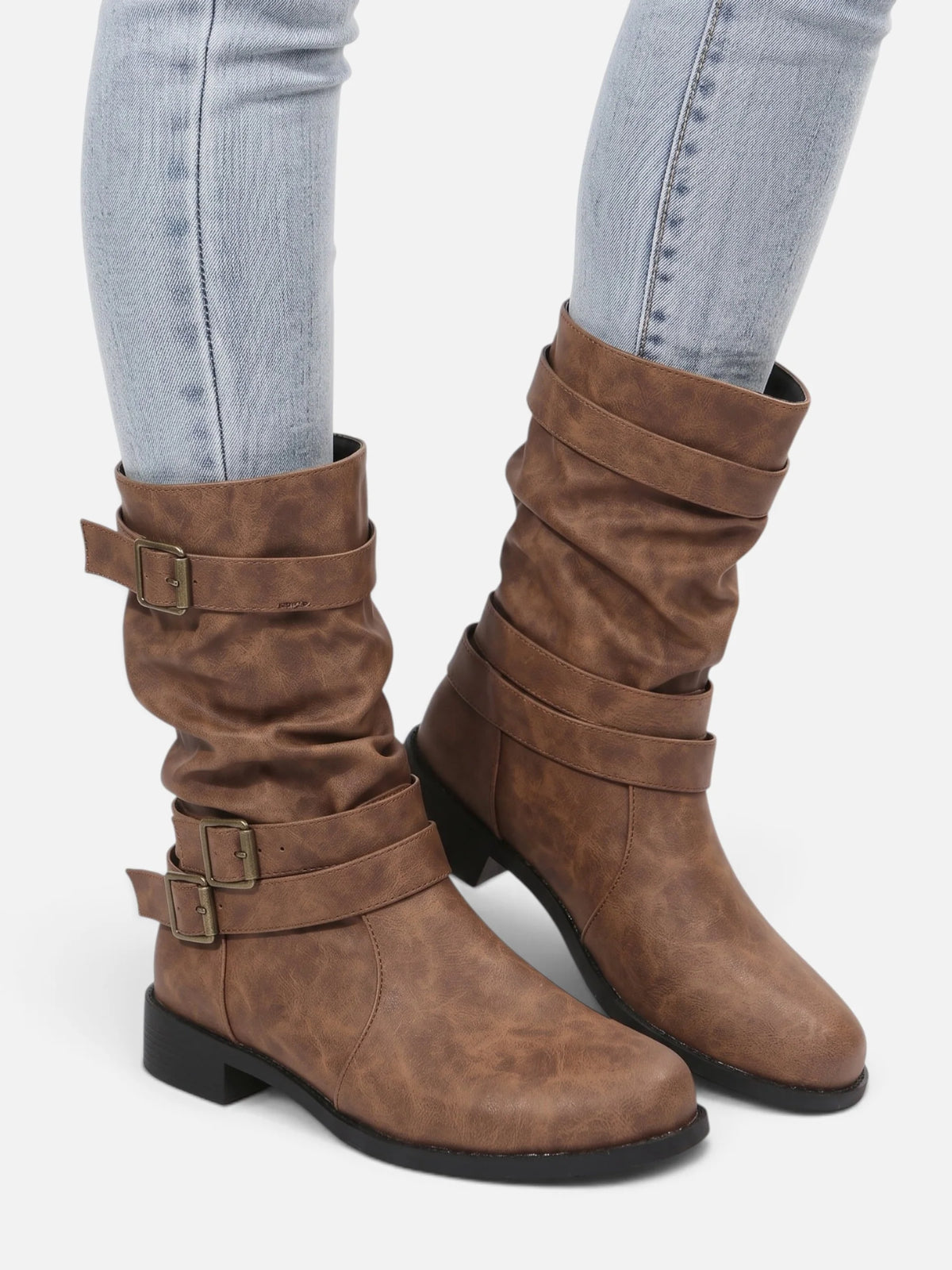 Women's Leather Slouchy Buckle Boots