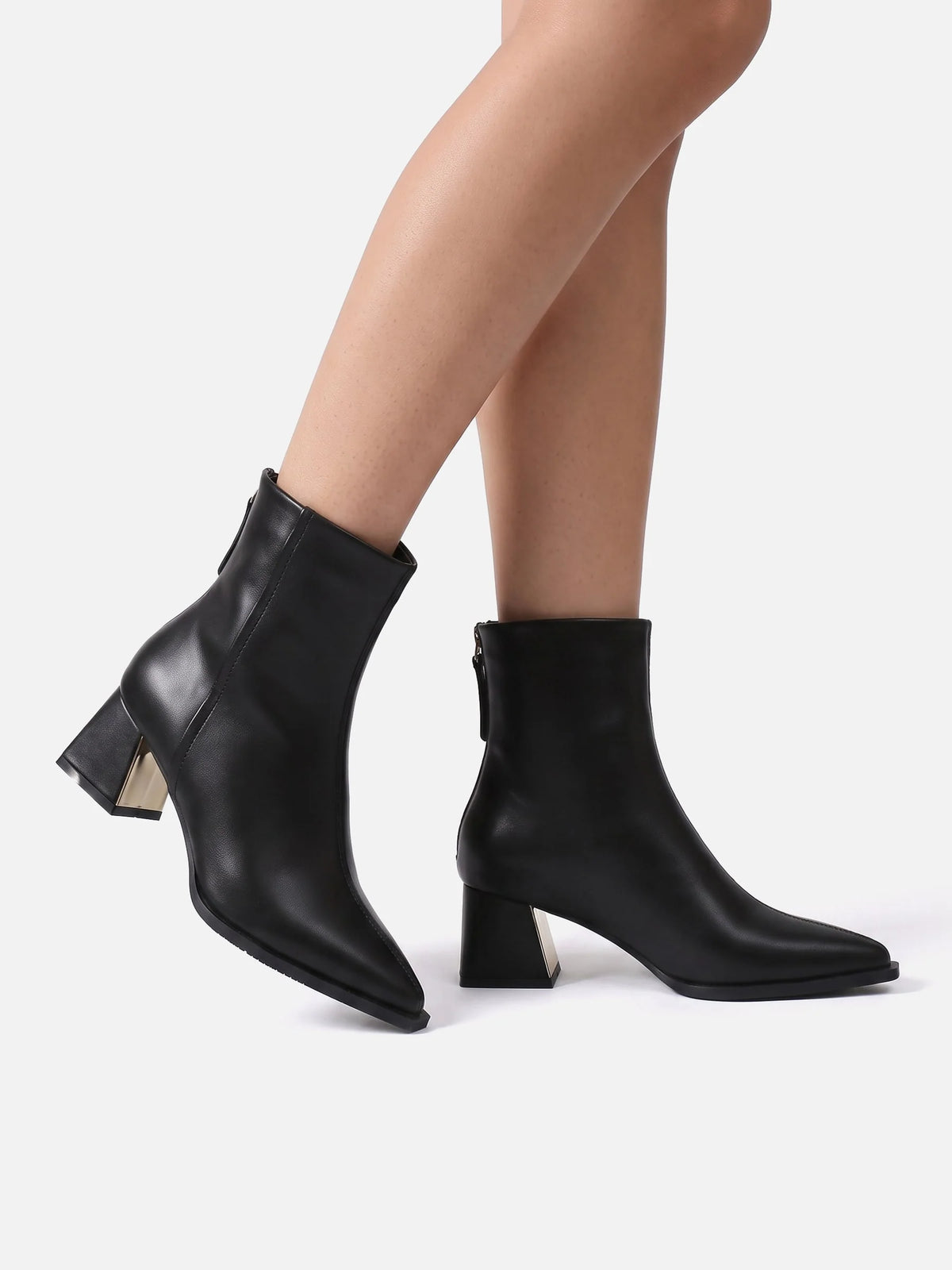 Women's Leather Pointed Toe Block Heel Ankle Boots