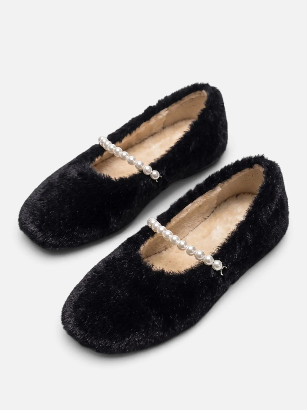 Women's Faux Fur Pearl Strap Ballet Flats