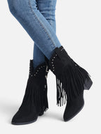 Women's Suede Look Fringe Studded Cowboy Boots