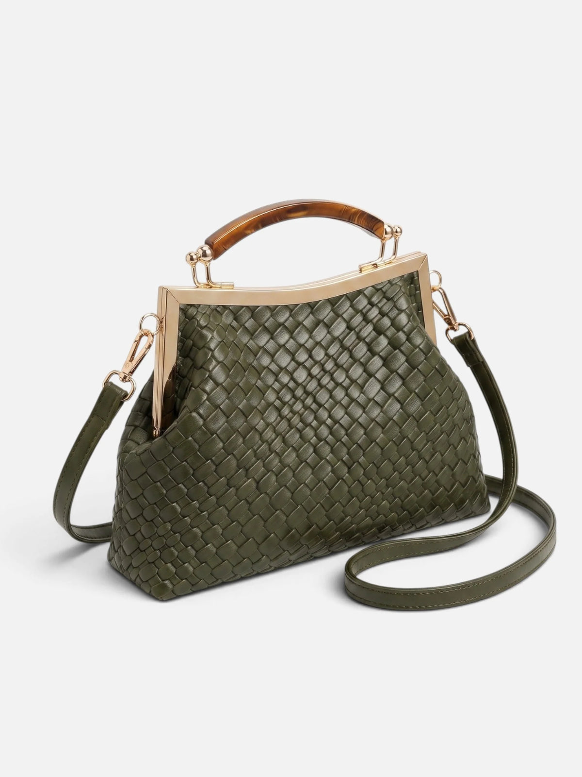Women's Woven Leather Look Gold Clasp Shoulder Bag