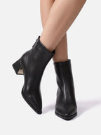 Women's Leather Pointed Toe Block Heel Ankle Boots