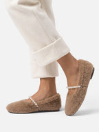 Women's Faux Fur Pearl Strap Ballet Flats
