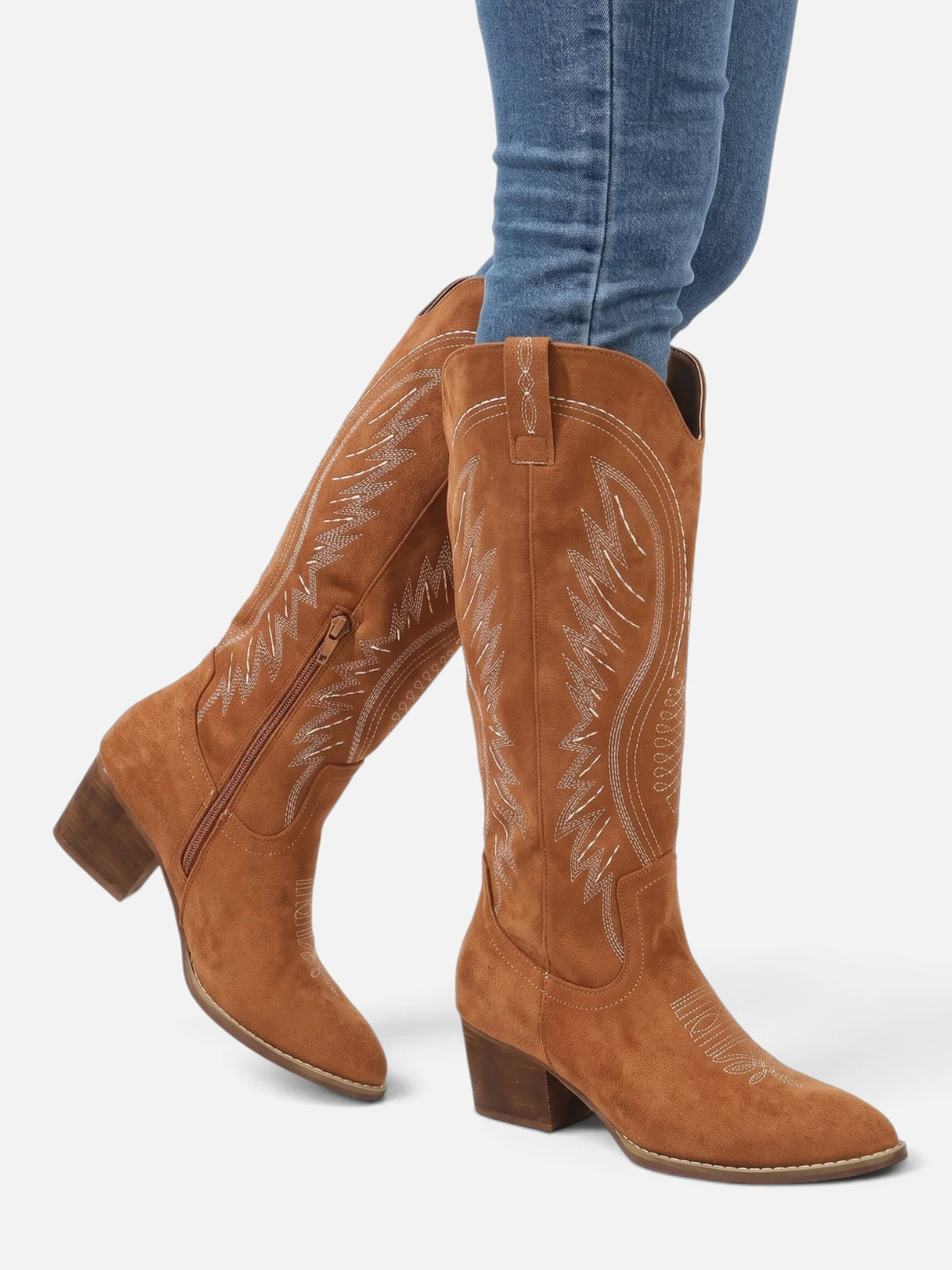 Women's Suede Look Embroidered Tall Cowboy Boots